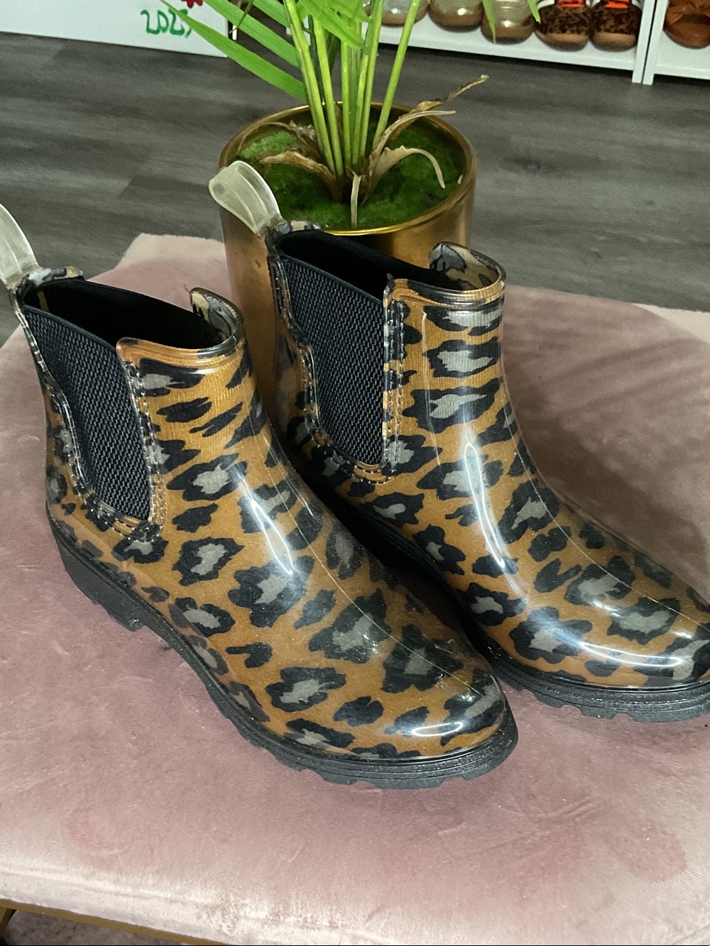 Leopard Print Rain Chelsea Booties - Brown